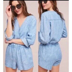 Anthropologie Cloth & Stone Chambray Romper Women’s Size M Floral Pockets